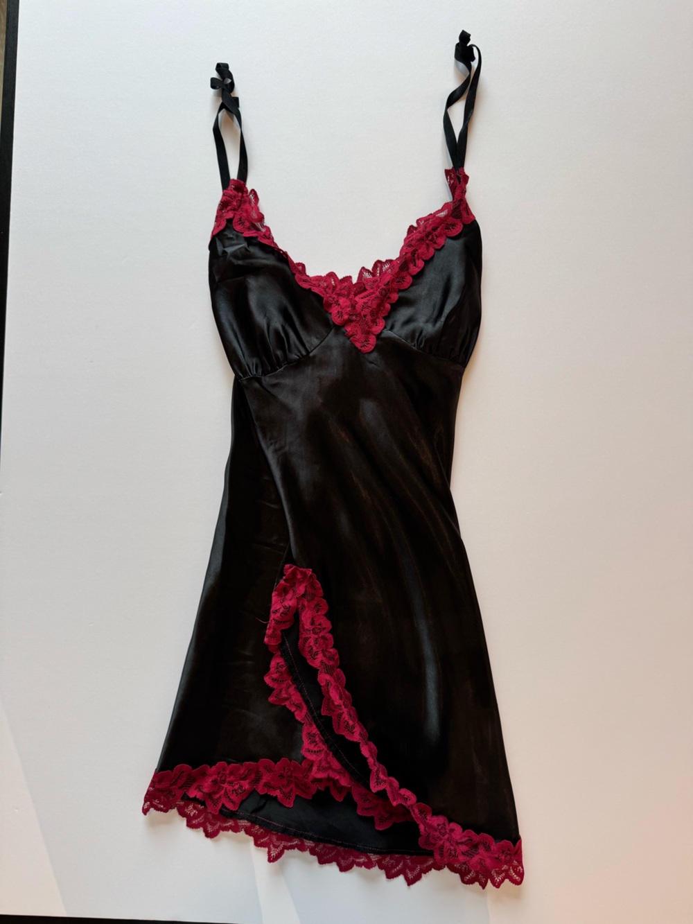 Black Satin Chemise with Red Lace Trim - Women Intimates